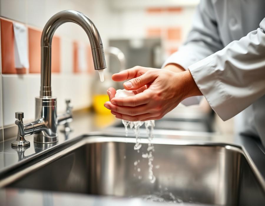 Lavage des mains d'un cuisinier dans un évier inox professionnel