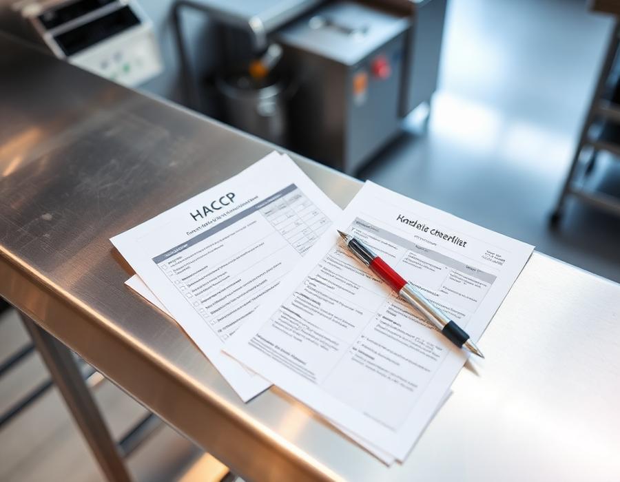 Documents de check-list HACCP posés sur un plan de travail inox